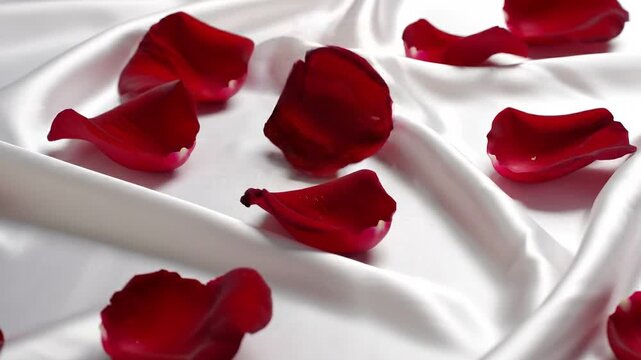Red rose petals on white satin fabric.