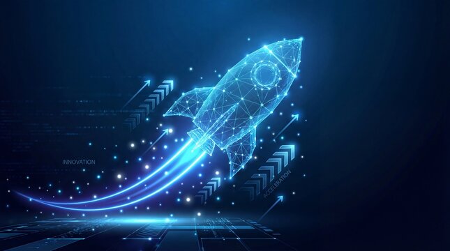 Futuristic rocket launch representing innovation and acceleration with glowing blue lines and stars symbolizing technology and progress in a digital landscape