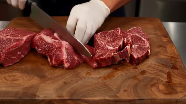 Cutting raw meat on a wooden board