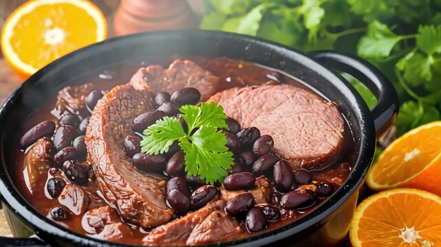 Steaming feijoada food with black beans and beef in a pot with orange slices beside it for a warm meal concept
