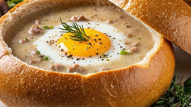 Hearty bread bowl soup animation with a poached egg and herb garnish, close-up food preparation sequence for recipe video.