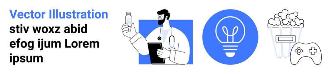 Healthcare, innovation, entertainment, creativity, gaming, leisure. A doctor stands with a chart and a vial a lightbulb icon, popcorn soda and controller follow. Healthcare and innovation ideas © robu_s