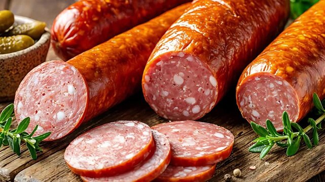 Sliced cured sausage with dill weed and pickled cucumber on wood board, smoked meat appetizer for snack