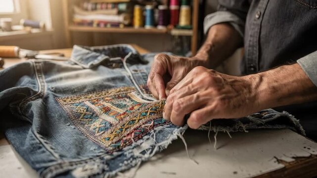 Medium shot of a craftsman applying a creative patch detailed with colorful stitching on a wornout garment highlighting expertise in stylish fabric repair and design enhancement.