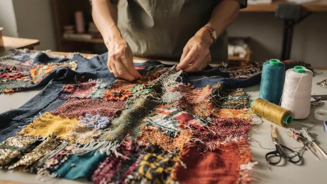 Medium shot of a designer handsewing patchwork details on ecofriendly upcycled apparel showcasing vibrant fabric scraps creatively repurposed into sustainable fashion.