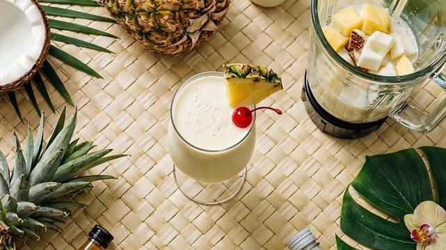 Blending tropical fruit cocktail with pineapple and coconut in a blender for a fresh summer drink on a wicker mat