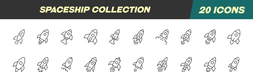 Collection of Icons of Spaceship. Suitable for books, stores, shops. Editable stroke in minimalistic outline style. Symbol for design © Dilia Almukhambetova