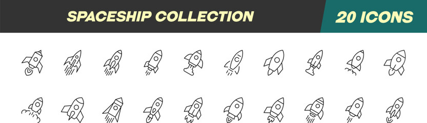 Collection of Line Icons of Spaceship for Adverts. Suitable for books, stores, shops. Editable stroke in minimalistic outline style. Symbol for design © Dilia Almukhambetova