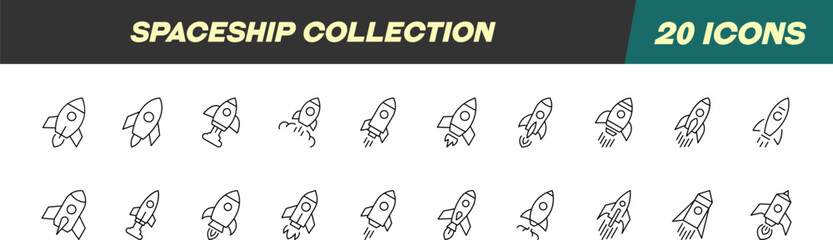 Collection of Line Signs of Spaceship. Suitable for books, stores, shops. Editable stroke in minimalistic outline style. Symbol for design © Dilia Almukhambetova