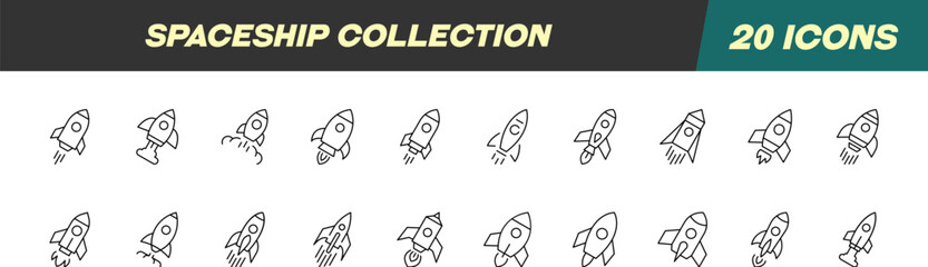 Line Signs of Spaceship for Adverts. Suitable for books, stores, shops. Editable stroke in minimalistic outline style. Symbol for design © Dilia Almukhambetova