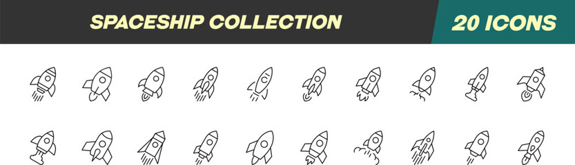 Signs of Spaceship for Shops and Stores. Suitable for books, stores, shops. Editable stroke in minimalistic outline style. Symbol for design © Dilia Almukhambetova