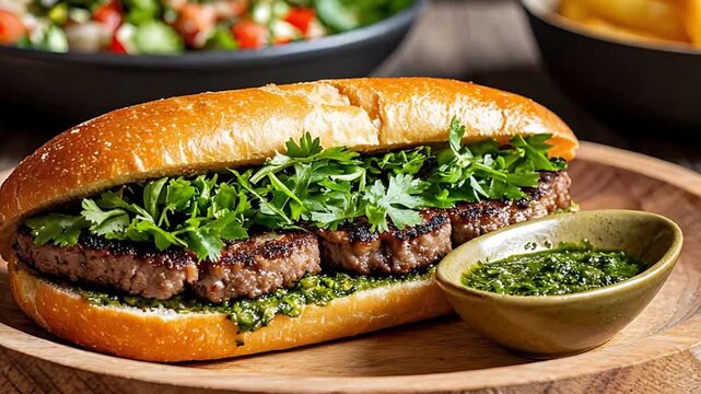 Delicious homemade meatball sandwich with garnish and sauce served on a wooden plate, ready to eat with a side of salad and fries