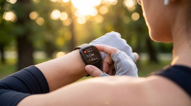 Woman checking smartwatch while exercising outdoors during sunrise