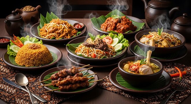 A spread of delicious Indonesian cuisine with rice, satay, curry, and noodles, presented on banana leaves and traditional platters