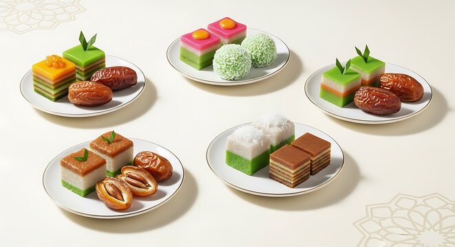 A delightful assortment of vibrant traditional Southeast Asian kuih and sweet dates, artfully arranged on pristine white plates, perfect for festive celebrations and cultural gatherings
