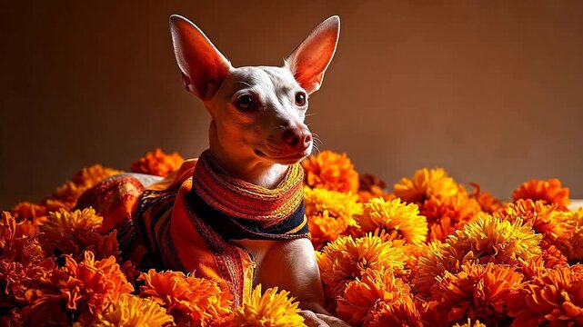 Dog in colorful flowers