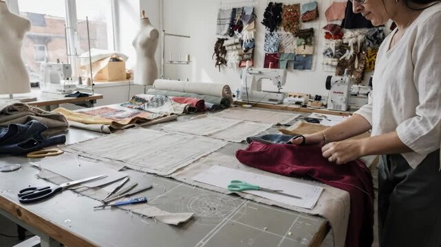 Medium shot capturing the intricate process of deconstructing surplus garments in a bright studio emphasizing zerowaste techniques and innovative textile reuse.
