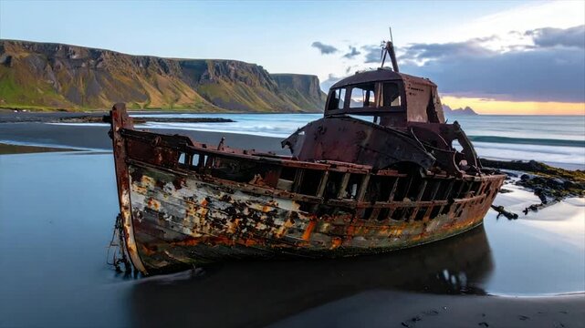 A weathered, rusting shipwreck sits on a black sand beach, mountains in the distance