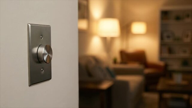 Man adjusts dimmer switch for atmospheric lighting, controlling illumination in a cozy living room at home.