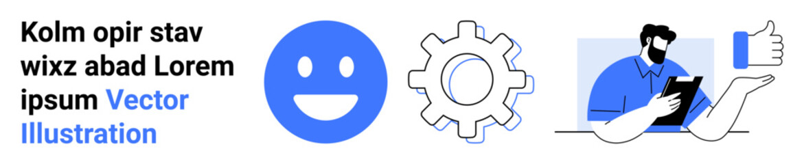 Fototapeta premium Business communication, technology tools, user feedback, team collaboration, network solutions, product design. Includes a smiling face, gear tablet and thumbs-up. Business communication and user