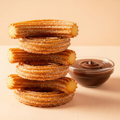 Gourmet Churro Stack with Chocolate Dip on Pastel Peach Background