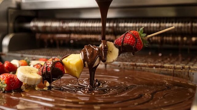 Medium shot showing fresh fruits dipped in melted chocolate focusing on the slow drip and shine before they enter cooling machinery.