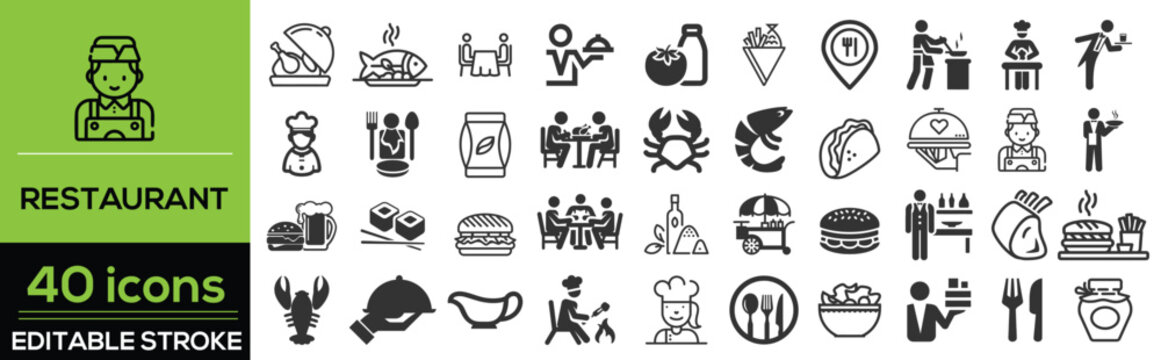 Restaurant and food line icon set in modern outline style. Collection includes plate, fork, knife, spoon, menu, chef hat, glass, cup, dish, and dining symbols. Editable stroke vector illustration 