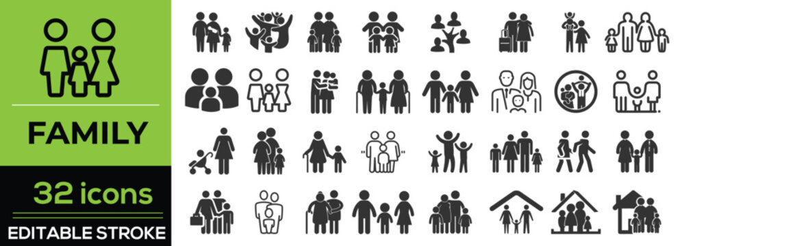 Family and people line icon set in modern outline style. Collection includes parents, children, baby, home, love, care, relationship, community, and family symbols. Editable stroke vector illustration