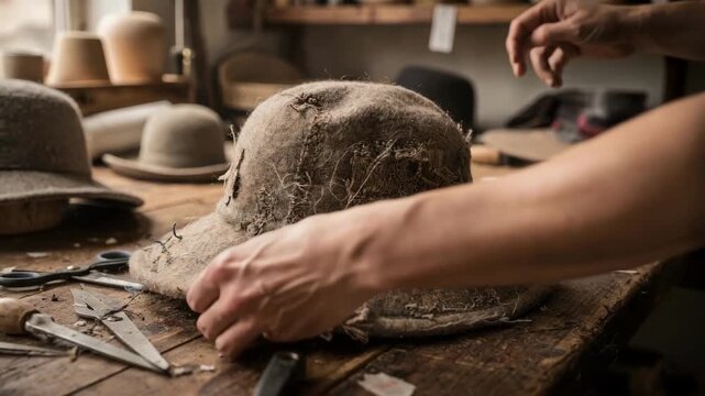 Medium shot capturing the process of distressing felt hoods with hands brushing and roughening the nap to create a unique worn vintage texture.