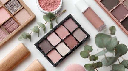 Overhead shot of various makeup palettes, lip gloss, powder, and eucalyptus on white surface