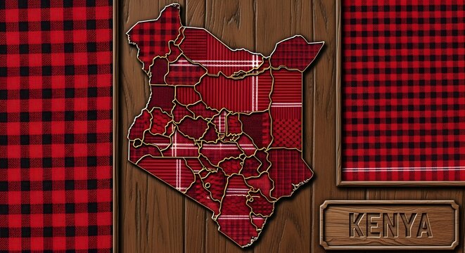 Kenya map with red plaid fabric patterns on a rustic wooden background with a nameplate.