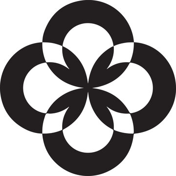 Four interlocking circles forming abstract clover shape with floral elements and geometric pattern