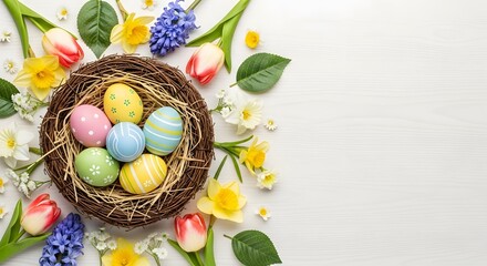 Colorful Easter eggs in a nest surrounded by vibrant spring flowers on a white wooden background, top-down view with copy space.