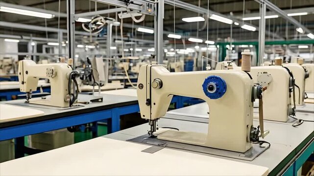 Empty industrial sewing machines in a row on tables within a manufacturing factory for large scale production