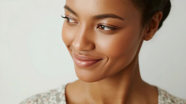 Young woman portrait close up smile brown skin serene closed eyes calm natural glow