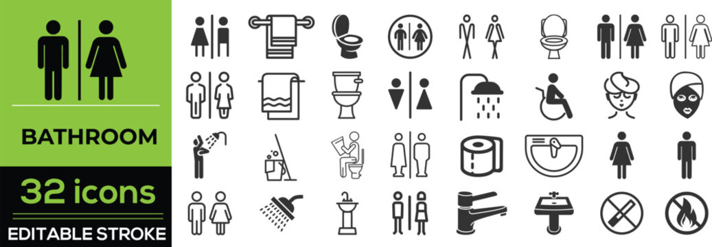 Toilet and restroom line icon set in modern outline style. WC signs including man, woman, shower, baby care, accessible handicap symbol, no smoking, and no trash icons. Editable stroke vector.