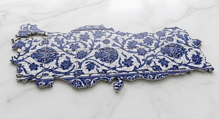 Map of Turkey crafted from traditional blue and white Iznik ceramic tiles, showcasing intricate floral patterns on a pristine marble background.