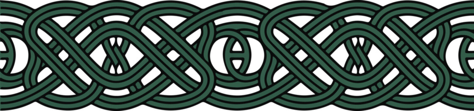 Celtic knot pattern border repeating ornamental element green and grey colors