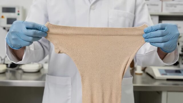 Closeup of a technician inspecting graduated compression stockings in a clean controlled environment to ensure medicalgrade quality and precise tension.