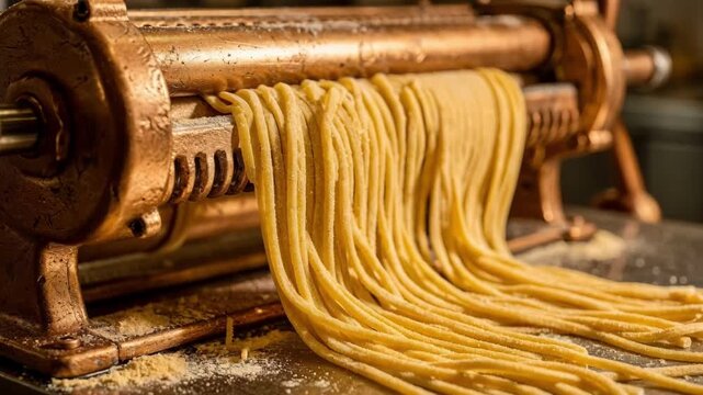 Medium shot of bronze pasta extrusion heads shaping fresh spaghetti emphasizing the traditional bronze die texture creating authentic rough surface pasta strands.