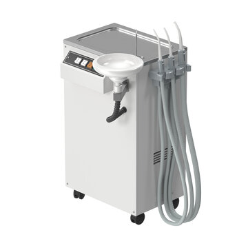 Mobile dental suction unit with spittoon and vacuum hoses for clinic use