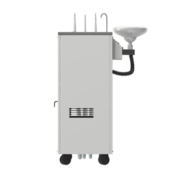 Mobile dental suction unit with spittoon and vacuum hoses on white background