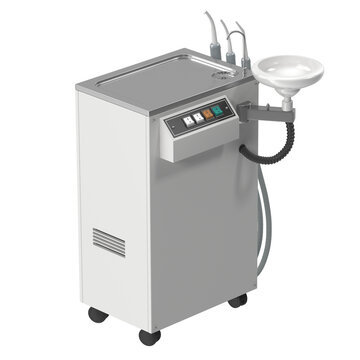 Modern mobile dental suction unit with integrated spittoon and vacuum hoses
