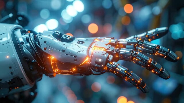 Close-up of a futuristic robot arm with glowing circuits. Metallic texture with blue and orange bokeh