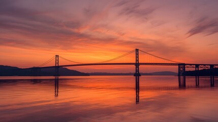 Obraz premium Golden Sunset Over Suspension Bridge with Dramatic Sky Reflection and Serene Water Landscape Background 