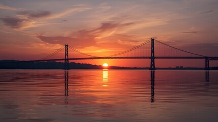 Obraz premium Golden Sunset Over Suspension Bridge with Dramatic Sky Reflection and Serene Water Landscape Background 