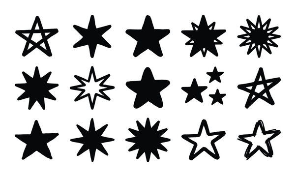 Collection of fifteen hand drawn star shaped vector graphic symbols on transparent background