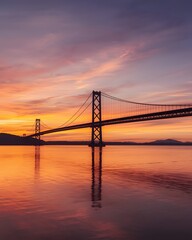 Fototapeta premium Golden Sunset Over Suspension Bridge with Dramatic Sky Reflection and Serene Water Landscape Background 