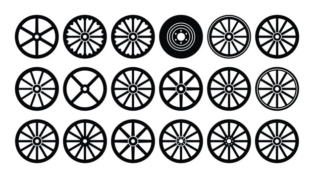 Collection of wagon wheels for transportation and western concept on transparent backdrop