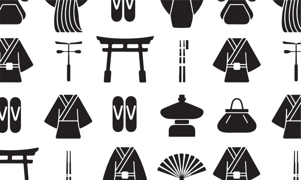Traditional japanese clothing and cultural symbols pattern including kimono torii gate and footwear